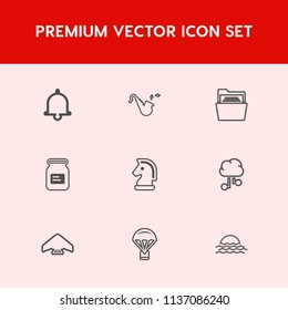 Modern, simple vector icon set on red background with sunrise, horse, music, reminder, nature, file, bell, tin, notification, alarm, parachute, metal, strategy, chessboard, trumpet, instrument icons