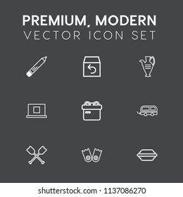 Modern, simple vector icon set on dark grey background with decoration, bus, return, paper, white, jug, underwater, sport, sea, vehicle, stationery, boat, canoe, office, shipping, service, bun icons