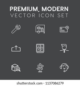 Modern, simple vector icon set on dark grey background with statistic, success, bank, office, call, competition, coin, gold, headset, repair, arrow, transportation, report, finance, internet icons