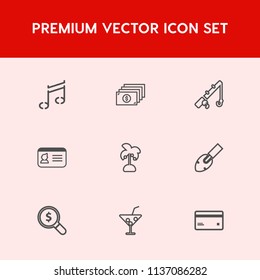 Modern, simple vector icon set on red background with money, card, drink, name, sport, shovel, currency, reel, leaf, identity, concept, internet, coin, plastic, search, melody, equipment, find icons