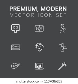 Modern, simple vector icon set on dark grey background with gps, play, map, road, goal, technology, pitch, white, monitor, call, route, pc, lipstick, internet, game, location, finance, wand, red icons