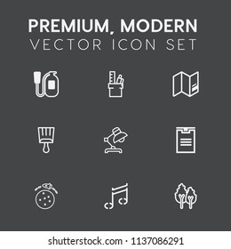 Modern, simple vector icon set on dark grey background with red, alarm, forest, computer, space, music, extinguisher, package, stationery, note, environment, sound, interior, world, table, lamp icons