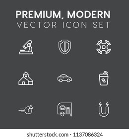 Modern, simple vector icon set on dark grey background with secure, office, magnetic, man, protect, van, summer, vehicle, construction, glass, microscope, technology, drone, night, taxi, field icons