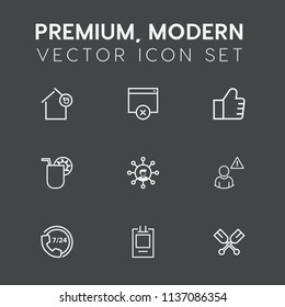 Modern, simple vector icon set on dark grey background with search, concept, water, landlord, help, canoe, profile, screen, business, mortgage, approve, boat, sign, apartment, summer, house, oar icons