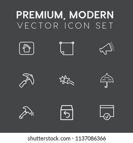 Modern, simple vector icon set on dark grey background with industry, sign, construction, page, building, sticky, message, protection, architecture, stick, open, box, sound, umbrella, falling icons