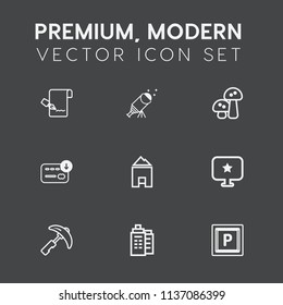 Modern, simple vector icon set on dark grey background with building, natural, street, dark, sky, mushroom, vegetable, star, night, pen, sign, bag, crane, watching, document, home, car, road icons