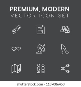 Modern, simple vector icon set on dark grey background with office, glasses, travel, antenna, equipment, business, female, style, staff, drill, construction, document, saw, world, worker, map icons
