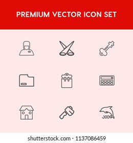 Modern, simple vector icon set on red background with old, phone, business, hammer, sign, light, backdrop, hotel, spotlight, ocean, bright, uniform, screwdriver, lock, door, building, travel icons