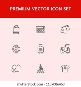 Modern, simple vector icon set on red background with tshirt, mathematics, sign, white, concept, group, arrow, scale, luggage, marketing, targeting, print, modern, travel, price, ocean, bag, web icons