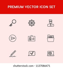 Modern, simple vector icon set on red background with phone, female, chat, communication, user, internet, rudder, marine, pen, key, boat, send, account, hand, online, office, safe, helm, message icons