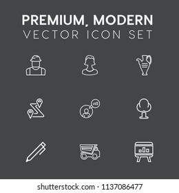 Modern, simple vector icon set on dark grey background with environment, engineer, person, profile, computer, man, professional, map, social, education, pencil, pottery, construction, avatar icons