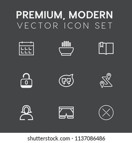 Modern, simple vector icon set on dark grey background with navigation, timetable, road, bubble, wear, sign, location, book, template, day, girl, woman, soup, chat, lady, protection, calendar icons