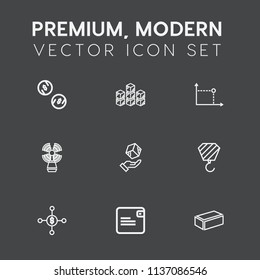 Modern, simple vector icon set on dark grey background with material, box, travel, cardboard, coin, dollar, light, delivery, cargo, tower, navigation, wallet, geometry, lighthouse, investment icons