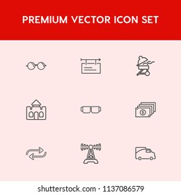 Modern, simple vector icon set on red background with money, architecture, eyesight, barbecue, optical, building, tower, view, sight, glasses, meat, sun, station, poster, replacement, cash, eye icons