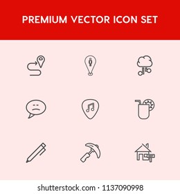 Modern, simple vector icon set on red background with estate, glass, message, rent, pin, network, house, bubble, web, industry, construction, speech, guitar, musical, communication, chat, summer icons
