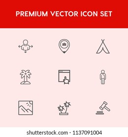 Modern, simple vector icon set on red background with justice, natural, nature, click, summer, boy, plant, place, internet, cursor, adventure, arrow, sign, outdoor, person, man, business, travel icons
