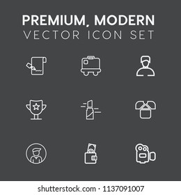 Modern, simple vector icon set on dark grey background with list, business, airport, shirt, film, terminal, win, journey, camera, baggage, prize, boy, dollar, casual, suitcase, handle, man, male icons