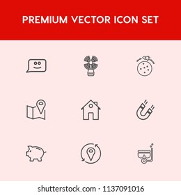 Modern, simple vector icon set on red background with face, pole, coin, mask, property, seamark, road, building, gps, home, money, tower, location, finance, happy, sea, sign, marine, planet, pin icons
