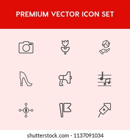 Modern, simple vector icon set on red background with loudspeaker, speaker, photography, nation, technology, musical, package, announcement, america, summer, business, fashion, celebration, note icons