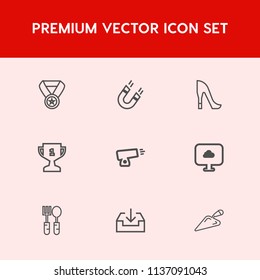 Modern, simple vector icon set on red background with gun, military, award, education, equipment, pole, high, fashion, magnet, cloud, dinner, web, construction, victory, science, success, shoe icons