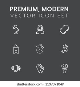 Modern, simple vector icon set on dark grey background with beauty, bulb, pin, interior, young, sound, map, cargo, girl, jug, modern, planet, loudspeaker, rocket, pottery, road, loud, package icons