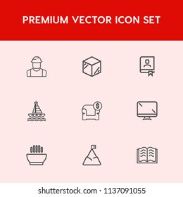 Modern, simple vector icon set on red background with box, builder, boat, paper, water, template, education, contact, dinner, product, worker, sofa, food, soup, professional, display, monitor icons