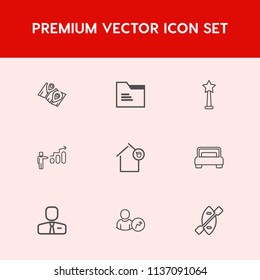 Modern, simple vector icon set on red background with empty, paper, people, personal, open, owner, medal, web, house, development, job, growth, canoe, file, bed, water, employer, navigation, pin icons