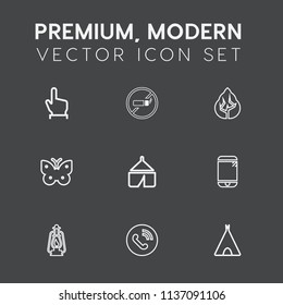 Modern, simple vector icon set on dark grey background with touch, finger, no, hand, cell, button, adventure, phone, addiction, tree, call, sign, insect, lantern, click, press, forest, butterfly icons