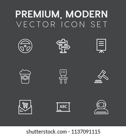 Modern, simple vector icon set on dark grey background with people, spacesuit, coffee, laboratory, door, receipt, science, medicine, room, mug, technology, retail, space, presentation, hanger icons