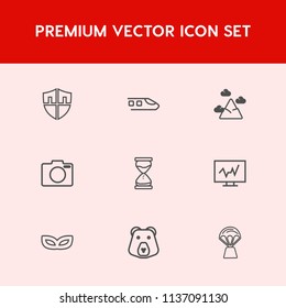 Modern, simple vector icon set on red background with sign, hot, medicine, sky, railroad, masquerade, party, train, guard, time, blue, hourglass, animal, nature, doctor, protect, railway, air icons