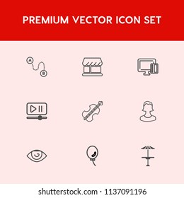 Modern, simple vector icon set on red background with air, market, white, shop, front, pub, musical, store, player, body, profile, video, modern, bar, human, credit, balloon, music, map, sound icons