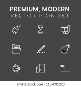 Modern, simple vector icon set on dark grey background with operator, service, petrol, hand, mask, laboratory, price, education, support, baja, label, snorkel, write, tag, oil, mexico, sign, sea icons