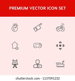 Modern, simple vector icon set on red background with bus, hand, car, vehicle, white, left, house, seat, chair, direction, people, finger, arrow, showing, satellite, apartment, transport, train icons