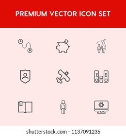 Modern, simple vector icon set on red background with coin, computer, sign, technology, piggy, economy, shield, player, setting, sound, investment, play, protection, success, destination, plane icons