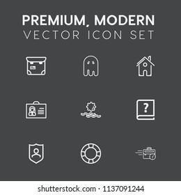Modern, simple vector icon set on dark grey background with paper, inflatable, security, estate, water, sunrise, pretty, architecture, woman, passport, building, person, sitting, one, landscape icons