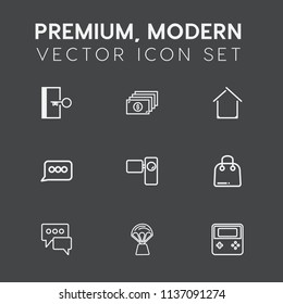Modern, simple vector icon set on dark grey background with real, retro, fire, money, message, bubble, web, buy, sign, fashion, button, construction, building, retail, movie, travel, property icons