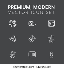 Modern, simple vector icon set on dark grey background with vision, temperature, insulating, phone, wallet, craft, electrical, camera, france, friction, people, purse, jetliner, thermometer, jet icons