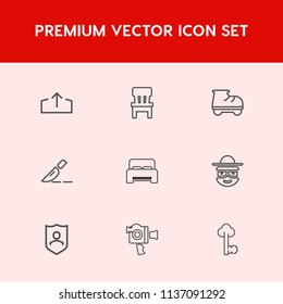 Modern, simple vector icon set on red background with chair, download, young, protect, shield, internet, surgery, handle, room, equipment, furniture, video, white, doctor, security, lifestyle icons