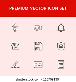 Modern, simple vector icon set on red background with bird, sand, building, operation, box, web, safe, bell, business, sign, call, protect, alert, security, diskette, nature, ring, home, doctor icons