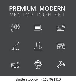 Modern, simple vector icon set on dark grey background with transportation, conference, female, hand, doorknob, hospitality, education, door, presentation, train, businessman, service, dumper icons