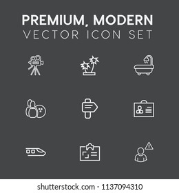 Modern, simple vector icon set on dark grey background with ball, tropical, train, transport, female, woman, video, bowling, lens, id, card, internet, movie, palm, tripod, way, sport, interior icons