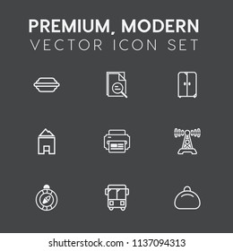 Modern, simple vector icon set on dark grey background with radio, direction, south, technology, magnifying, communication, house, lettuce, food, north, hamburger, decoration, object, burger icons