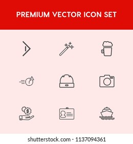 Modern, simple vector icon set on red background with lens, yacht, photo, business, right, sea, document, night, magician, identification, cap, wizard, camera, id, drink, finance, technology icons