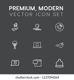 Modern, simple vector icon set on dark grey background with rent, sale, chat, extreme, home, man, house, late, concept, landscape, call, buy, real, nature, sky, sunrise, sunset, ring, parachute icons