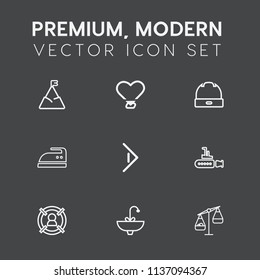 Modern, simple vector icon set on dark grey background with sky, target, button, top, ocean, heart, iron, tap, hat, customer, faucet, business, fashion, housework, chain, sink, peak, marketing icons