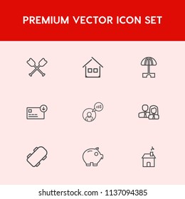 Modern, simple vector icon set on red background with oar, rowing, building, bank, architecture, beach, estate, modern, holiday, skateboard, skate, vacation, economy, freelancer, cash, sun, sea icons
