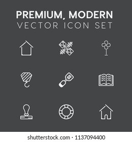 Modern, simple vector icon set on dark grey background with modern, education, science, paper, architecture, communication, inflatable, global, building, book, water, stamp, antenna, summer, air icons