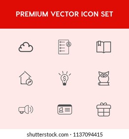 Modern, simple vector icon set on red background with employee, bird, checklist, education, owl, human, book, holiday, business, cloud, open, megaphone, identification, market, present, id, idea icons