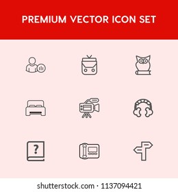 Modern, simple vector icon set on red background with profile, web, people, direction, bedroom, business, media, microphone, graphic, bird, sound, phone, status, tripod, network, owl, background icons