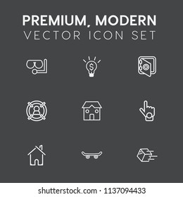 Modern, simple vector icon set on dark grey background with businessman, package, equipment, sport, business, bank, sea, customer, idea, shipment, snorkel, sign, house, board, safe, creativity icons